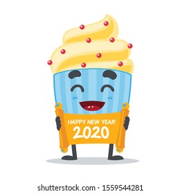 vector illustration of adorable cake mascot celebration of happy new year in white background 
