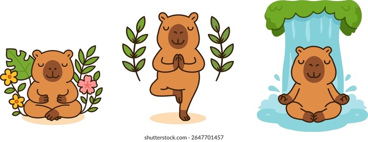 Ilustração vetorial de capibaras adoráveis praticando ioga e meditação cercado por plantas e elementos da natureza. Perfeito para projetos de bem-estar e relaxamento.
