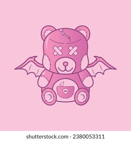 "Vector illustration of an adorable cartoon bear character with wings and in pink color. Perfect for children books, t-shirts, clothing, halloween t shirts, and more."