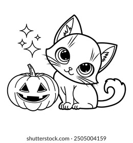 Vector illustration of adorable cartoon kitten sitting beside a Jack-o'-lantern, perfect for children's coloring books