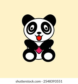 Ilustración vectorial de adorable animal panda de dibujos animados con grandes ojos que sostienen signo de corazón rosa, transmitiendo amor y alegría.