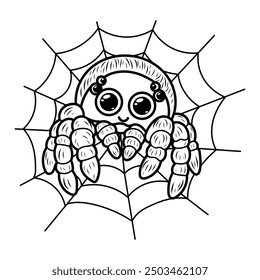 Vector illustration of adorable cartoon spider with big expressive eyes perched on a web. Perfect for coloring books