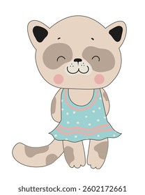 Vector illustration of an adorable cat character wearing a blue dress with pink polka dots, smiling on a white background.