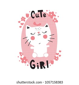 vector illustration, adorable cat, cute girl hand lettering text