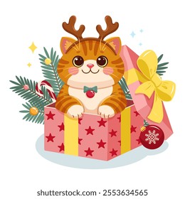 Vector illustration of adorable Christmas orange cat sitting in a festive gift box adorned with stars and ribbons