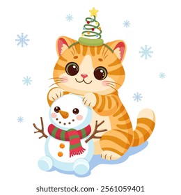 Vector illustration of adorable Christmas orange cat building a cute snowman with a scarf and twig arms