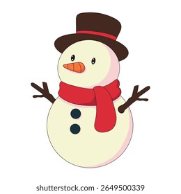 Vector illustration of an adorable Christmas snowman wearing a red scarf and brown hat. Perfect for festive greeting cards, holiday decorations, winter crafts, seasonal posters, and cheerful Christmas