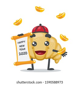 vector illustration of adorable croissant mascot, chinesse happy new year party 