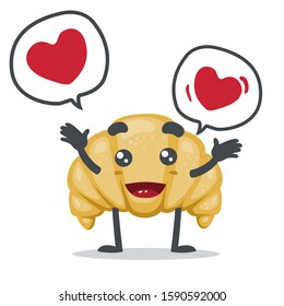 vector illustration of adorable croissant mascot, holding love (heart)