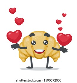 vector illustration of adorable croissant mascot, holding love (heart)