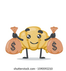 vector illustration of adorable croissant mascot holding sacks of money