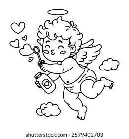 Vector illustration of adorable Cupid blowing heart-shaped bubbles while flying among clouds