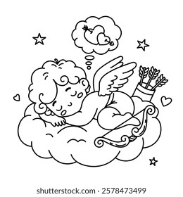 Vector illustration of adorable Cupid sleeping on a cloud, dreaming of love