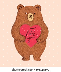 Vector illustration with adorable cute bear and heart. Stylish romantic illustration