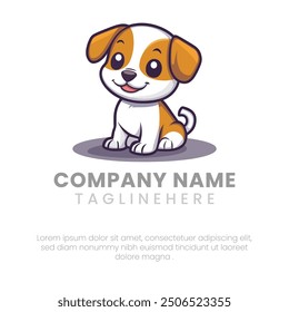 Ilustración vectorial de perro adorable y lindo sentado y sonriente mascota, etiqueta engomada, logotipo