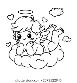 Vector illustration of adorable dreamy Cupid resting on a cloud. Perfect for Valentine's Day designs and coloring pages