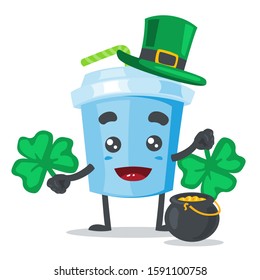 vector illustration of adorable drink mascot, wearing shamrock hat