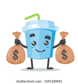 vector illustration of adorable drink mascot, holding sacks of money