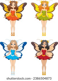 Vector illustration of adorable fairies with butterfly wings flying