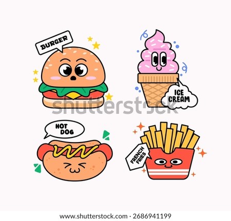 Vector illustration of adorable fast food characters including a burger, ice cream, hot dog, and french fries Each food item has a playful cartoon face and outlined style, perfect for stickers, icon