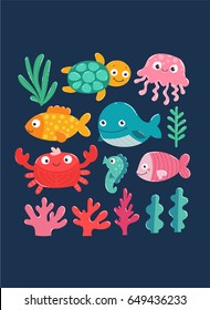  Vector illustration with adorable fish, jelly, crab, seahorse, turtle and whale