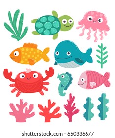  Vector illustration with adorable fish, jelly, crab, seahorse, turtle and whale