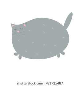 Vector illustration of adorable gray cat with eyes closed isolated on white.