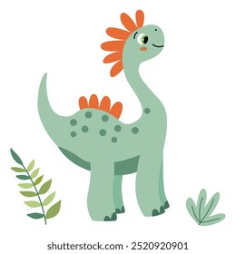 Vector illustration of a adorable green dinosaur in a flat vector style. Friendly and playful design is ideal for children's books, t-shirt, nursery decor, greeting cards, party invitations