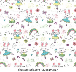 Vector illustration of adorable, hand-drawn ballerina characters in a repeating pattern. Cute animals and lovely butterflies and rainbows.