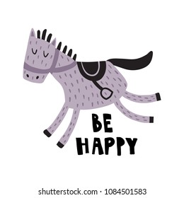 vector illustration, adorable horse with saddle, hand lettering text be happy