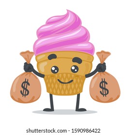 vector illustration of adorable ice cream mascot, holding sacks of money