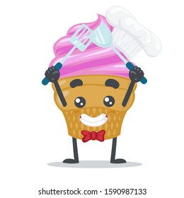 vector illustration of adorable ice cream mascot, wearing chef costume and holding spatula