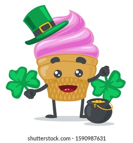 vector illustration of adorable ice cream mascot, wearing shamrock hat