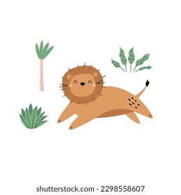 Ilustración vectorial de un adorable león que salta en un bosque tropical. Ilustración naïve para las artes del marco, decoraciones, impresiones para niños.