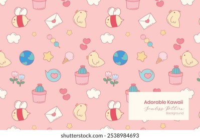 Vector Illustration Of Adorable Kawaii World Elements Seamless Pattern  ideal for autumn-themed designs, children's products, stationery, fabric prints, and digital backgrounds