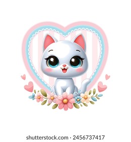 Vector illustration of an adorable kitten with pretty flowers