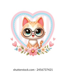 Ilustración vectorial de un gatito adorable con flores bonitas