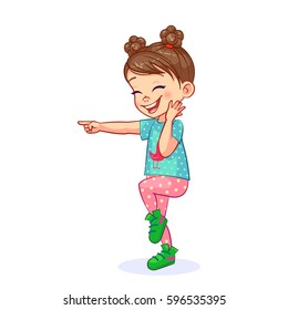 Vector illustration of an adorable laughing girl, she pokes her index finger and stomps her feet in enthusiasm. Funny cartoon child character.