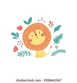 vector illustration, adorable lion is sitting in jungle leaves