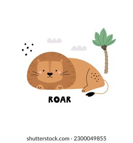 Vector illustration of adorable lion in a tropical forest. Naive illustration for frame arts, decorations, kids prints.