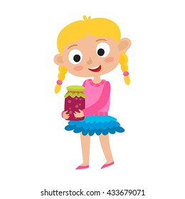 Vector illustration of adorable little blonde girl and berries jam on her hands isolated on white. Illustration for children.