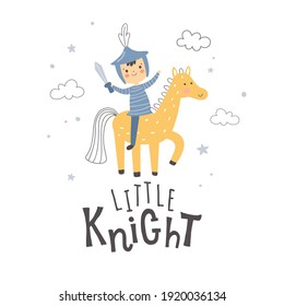 vector illustration, adorable little knight riding his horse, holding a sword