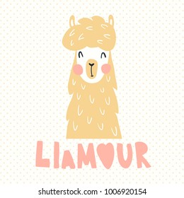 vector illustration, adorable llama, hand lettering text. llamour is a pun, combination of llama and french amour (love) words