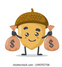 vector illustration of adorable nut mascot, holding sacks of money 