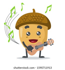 vector illustration of adorable nut mascot, playing guitar 