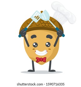 vector illustration of adorable nut mascot, holding spatula with chef hat 