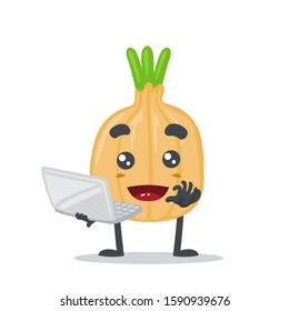 vector illustration of adorable onion mascot, presentation with computer