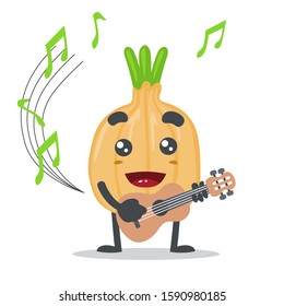 vector illustration of adorable onion mascot, playing guitar