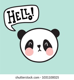 vector illustration, adorable panda face and hello hand lettering text