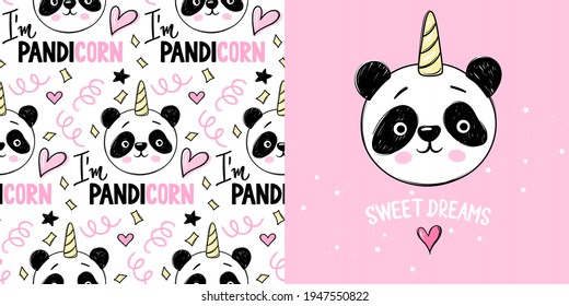 Vector illustration of adorable pandas with horns depicted near Im Pandicorn and Sweet Dreams inscriptions